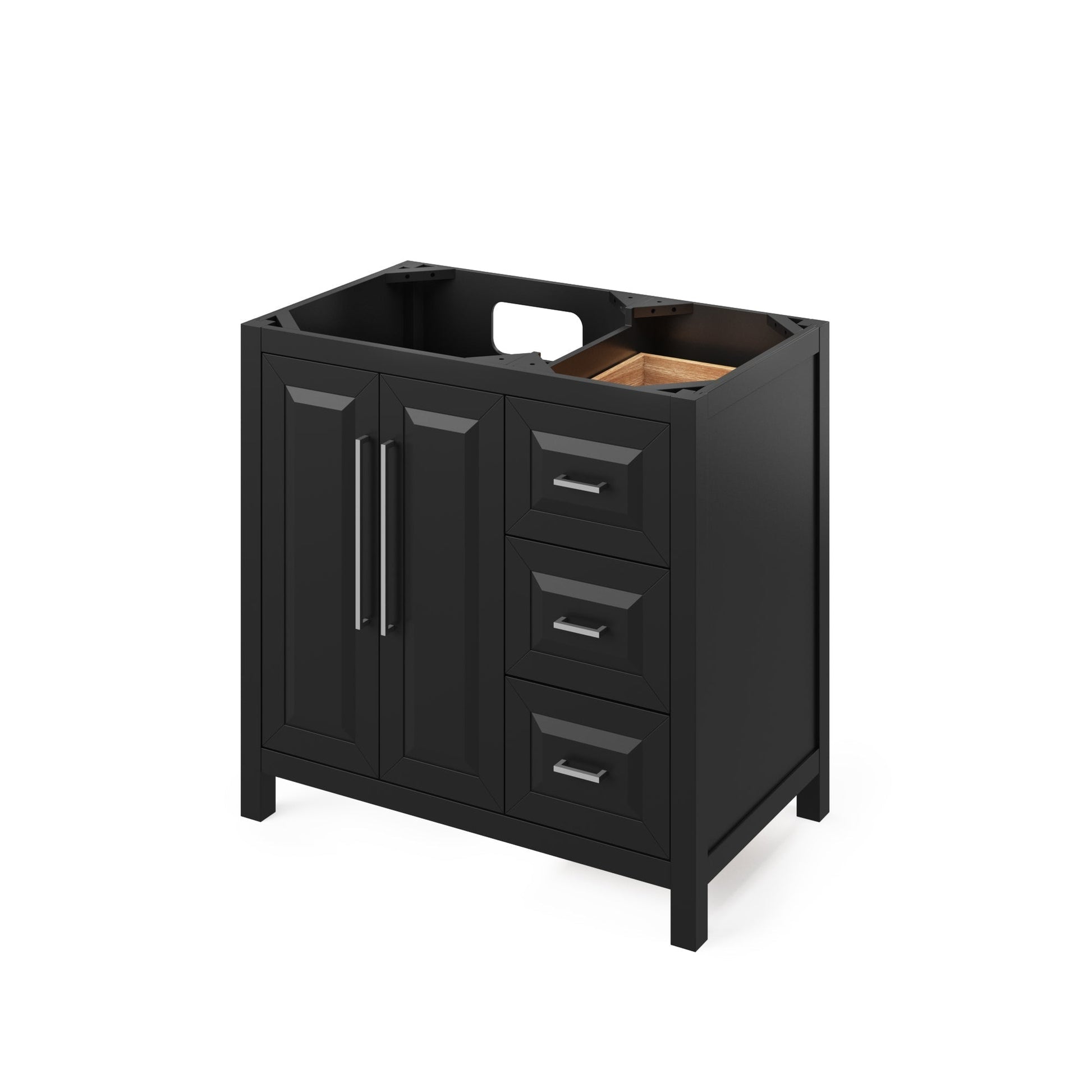 Hardware Resources Jeffrey Alexander Cade 36" Black Freestanding Vanity With Left Offset, Black Granite Vanity Top, Backsplash and Rectangle Undermount Sink