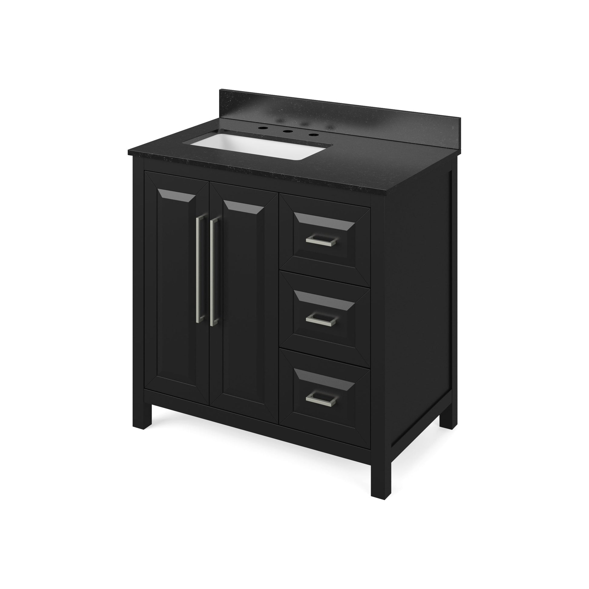 Hardware Resources Jeffrey Alexander Cade 36" Black Freestanding Vanity With Left Offset, Black Granite Vanity Top, Backsplash and Rectangle Undermount Sink