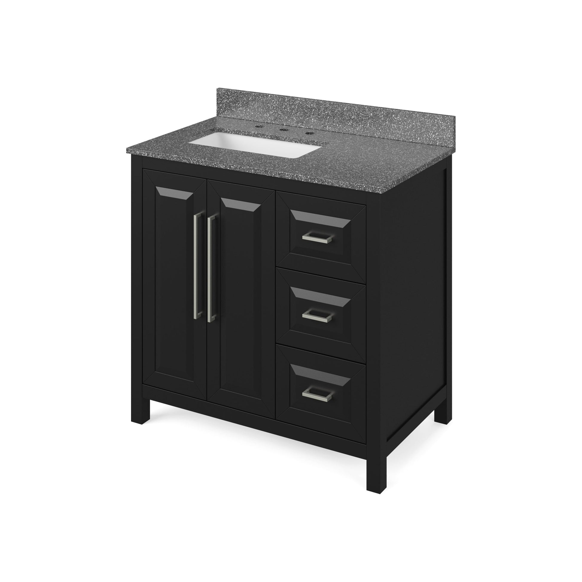 Hardware Resources Jeffrey Alexander Cade 36" Black Freestanding Vanity With Left Offset, Boulder Vanity Cultured Marble Vanity Top, Backsplash and Rectangle Undermount Sink