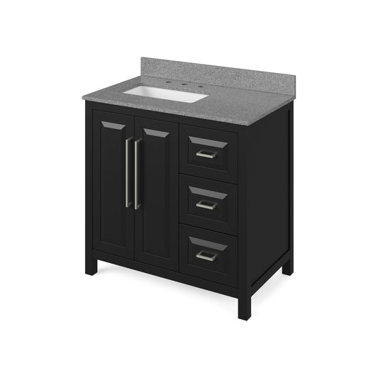 Hardware Resources Jeffrey Alexander Cade 36" Black Freestanding Vanity With Left Offset, Steel Gray Cultured Marble Vanity Top, Backsplash and Rectangle Undermount Sink