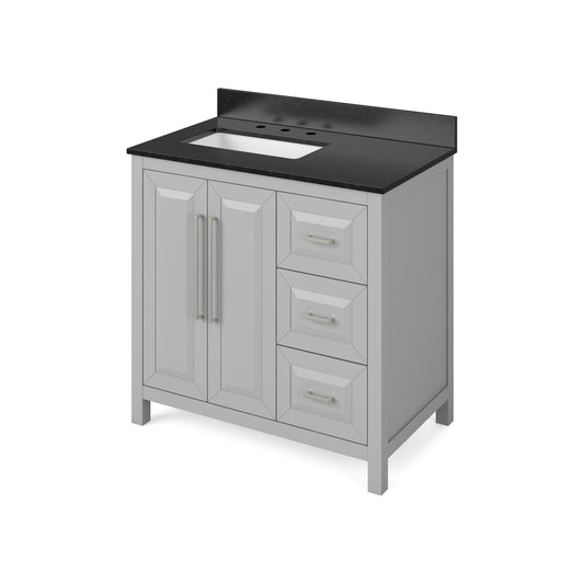 Hardware Resources Jeffrey Alexander Cade 36" Gray Freestanding Vanity With Left Offset, Black Granite Vanity Top, Backsplash and Rectangle Undermount Sink