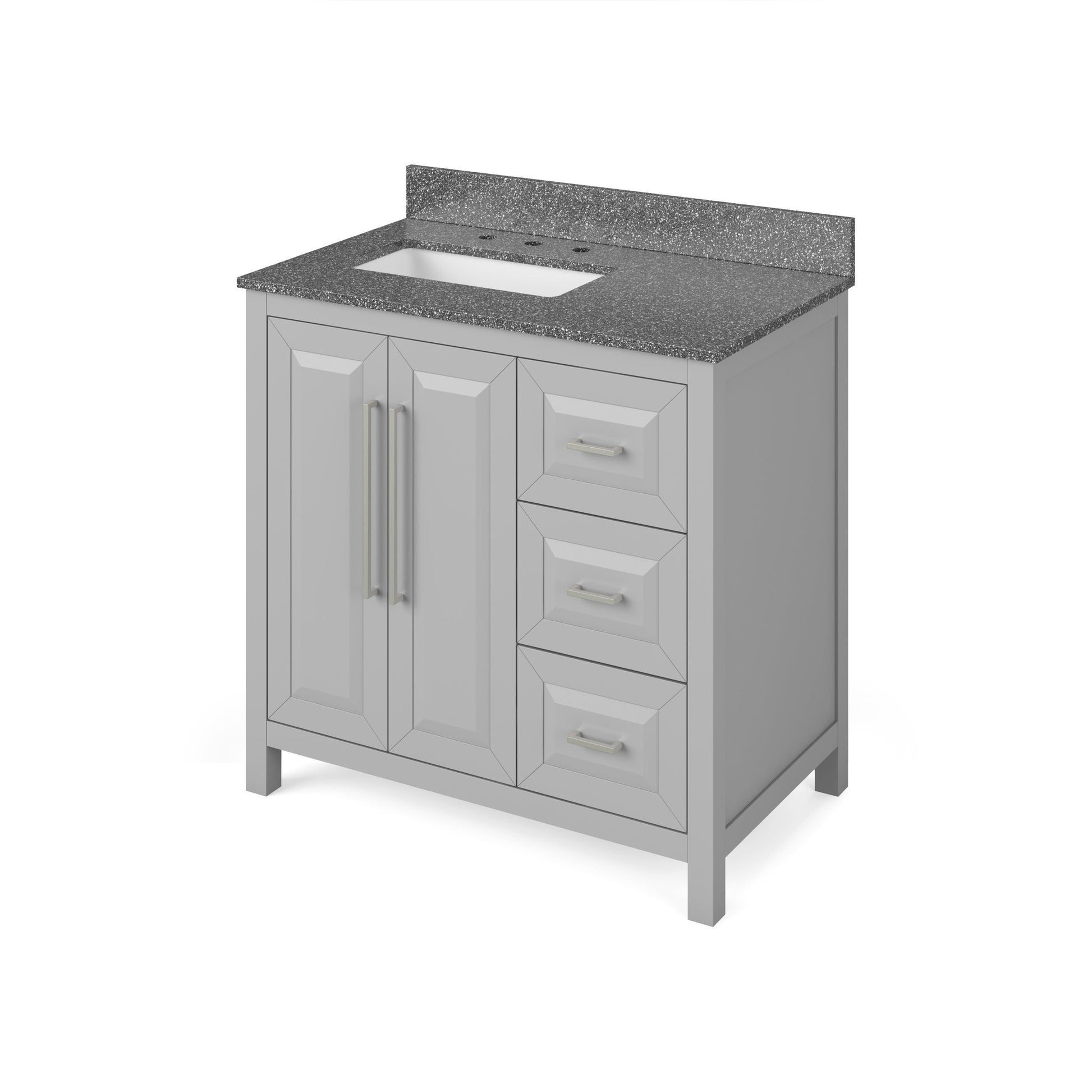 Hardware Resources Jeffrey Alexander Cade 36" Gray Freestanding Vanity With Left Offset, Boulder Vanity Cultured Marble Vanity Top, Backsplash and Rectangle Undermount Sink