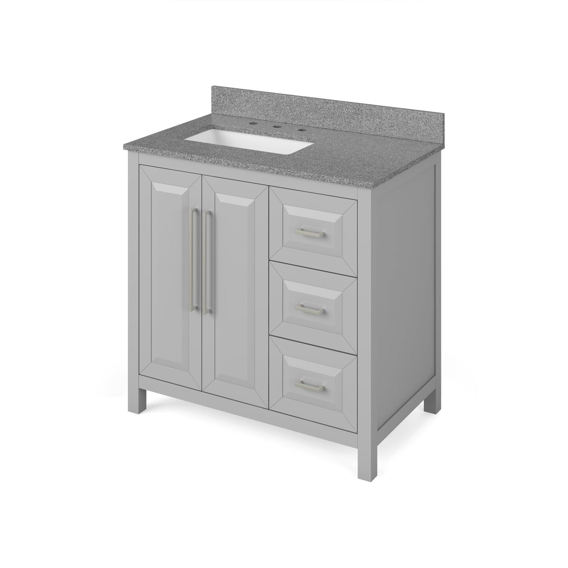 Hardware Resources Jeffrey Alexander Cade 36" Gray Freestanding Vanity With Left Offset, Steel Gray Cultured Marble Vanity Top, Backsplash and Rectangle Undermount Sink