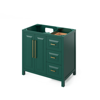 Hardware Resources Jeffrey Alexander Cade 36" Green Freestanding Vanity With Left Offset, Black Granite Vanity Top, Backsplash and Rectangle Undermount Sink