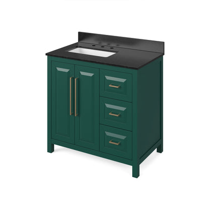 Hardware Resources Jeffrey Alexander Cade 36" Green Freestanding Vanity With Left Offset, Black Granite Vanity Top, Backsplash and Rectangle Undermount Sink