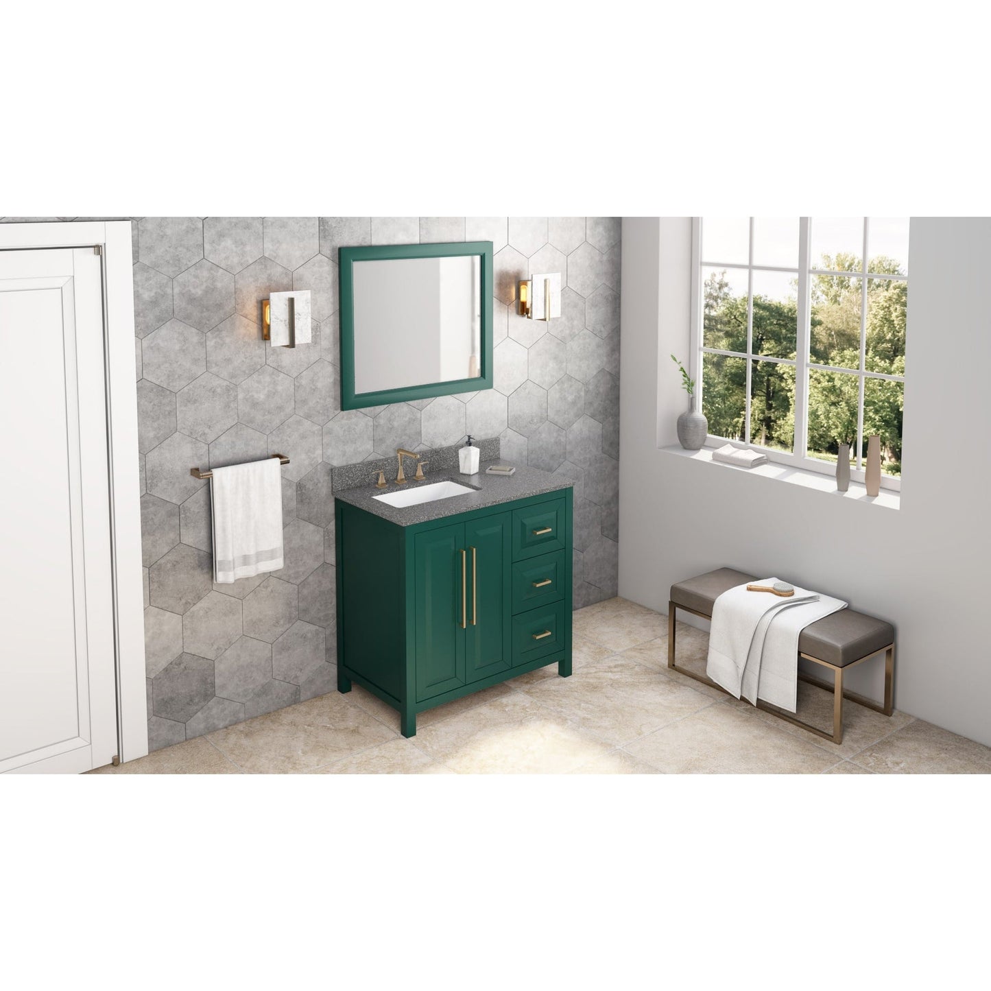 Hardware Resources Jeffrey Alexander Cade 36" Green Freestanding Vanity With Left Offset, Boulder Vanity Cultured Marble Vanity Top, Backsplash and Rectangle Undermount Sink