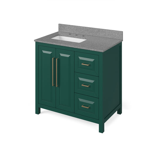 Hardware Resources Jeffrey Alexander Cade 36" Green Freestanding Vanity With Left Offset, Steel Gray Cultured Marble Vanity Top, Backsplash and Rectangle Undermount Sink