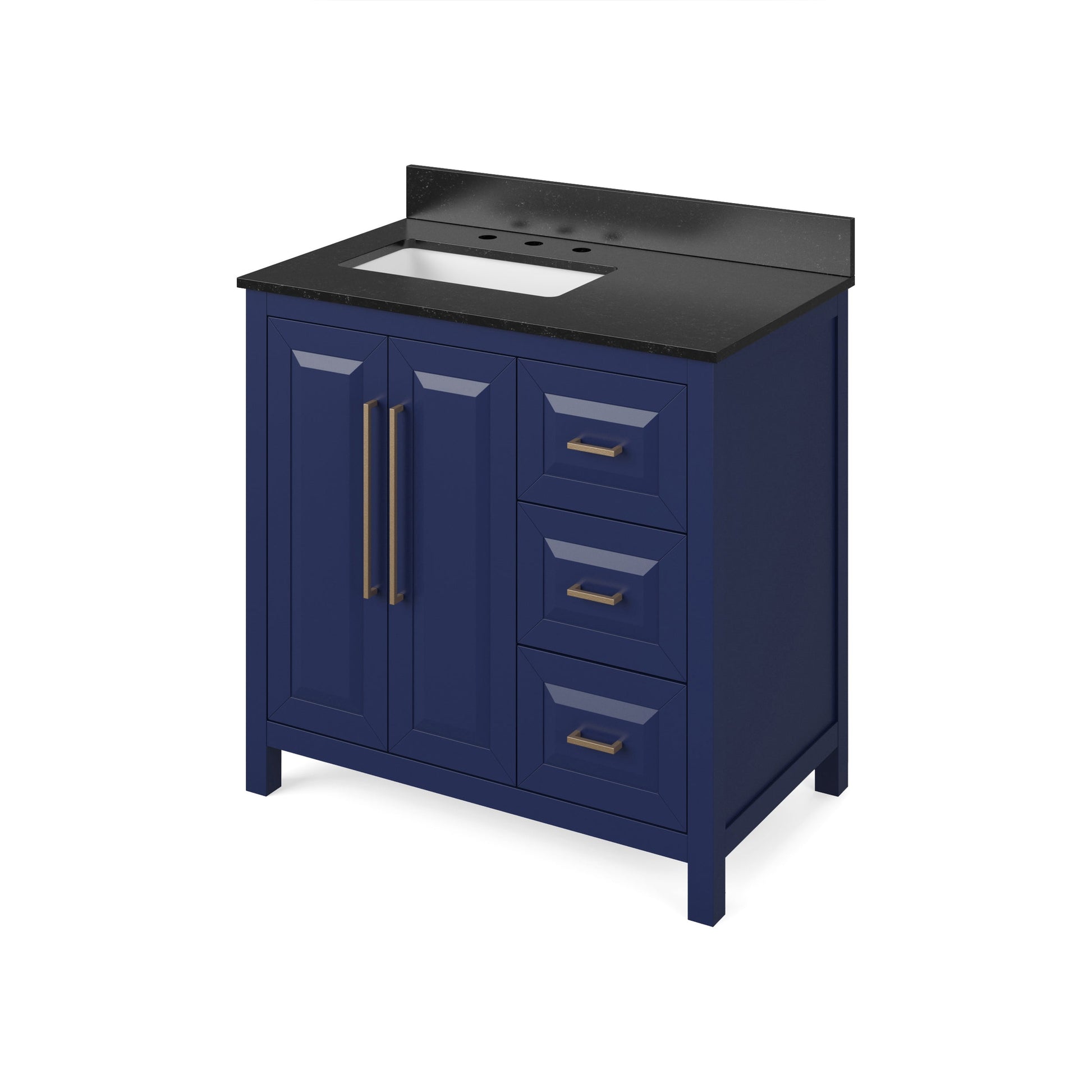 Hardware Resources Jeffrey Alexander Cade 36" Hale Blue Freestanding Vanity With Left Offset, Black Granite Vanity Top, Backsplash and Rectangle Undermount Sink