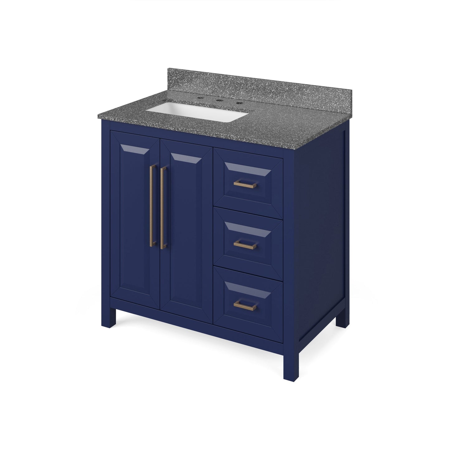 Hardware Resources Jeffrey Alexander Cade 36" Hale Blue Freestanding Vanity With Left Offset, Boulder Vanity Cultured Marble Vanity Top, Backsplash and Rectangle Undermount Sink