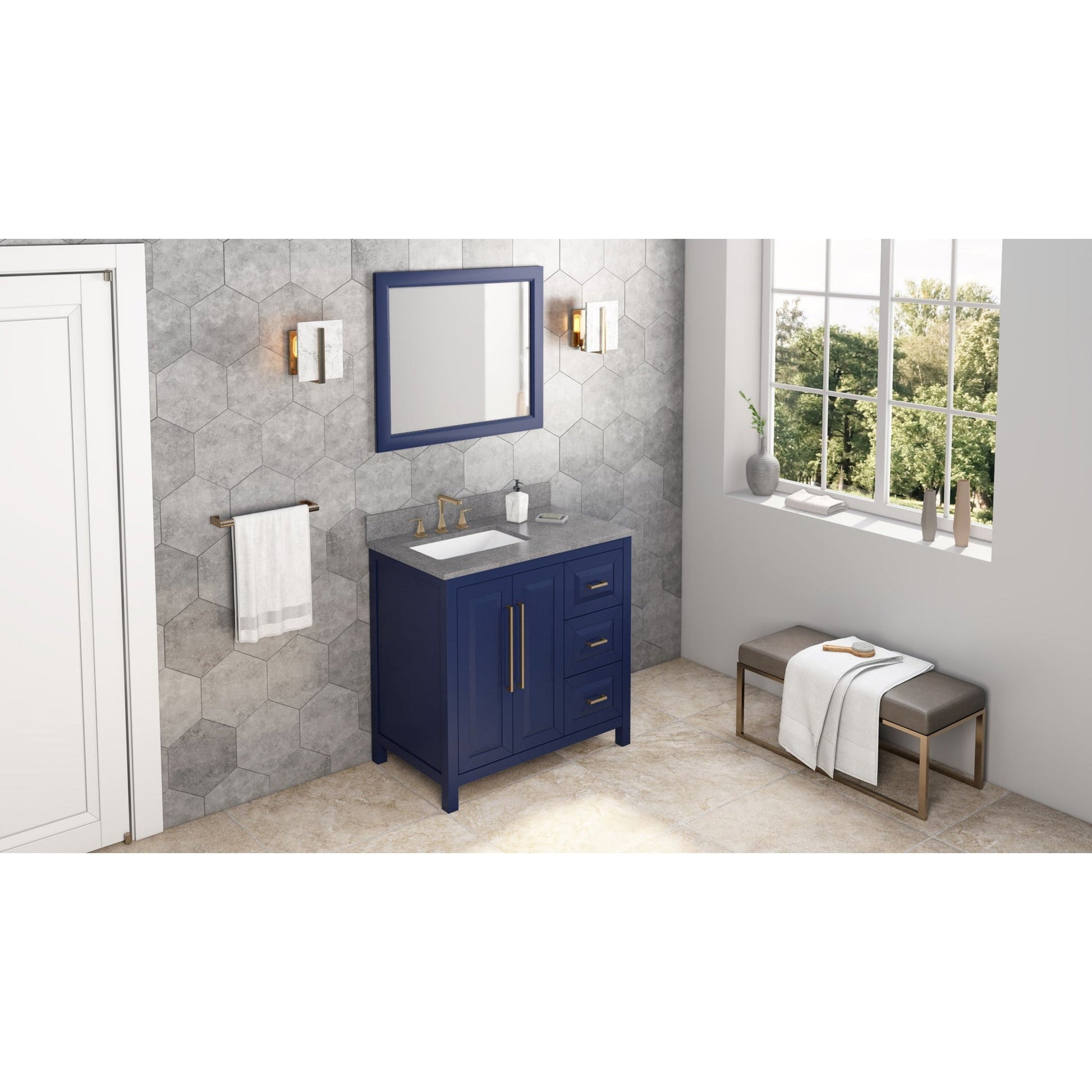 Hardware Resources Jeffrey Alexander Cade 36" Hale Blue Freestanding Vanity With Left Offset, Steel Gray Cultured Marble Vanity Top, Backsplash and Rectangle Undermount Sink