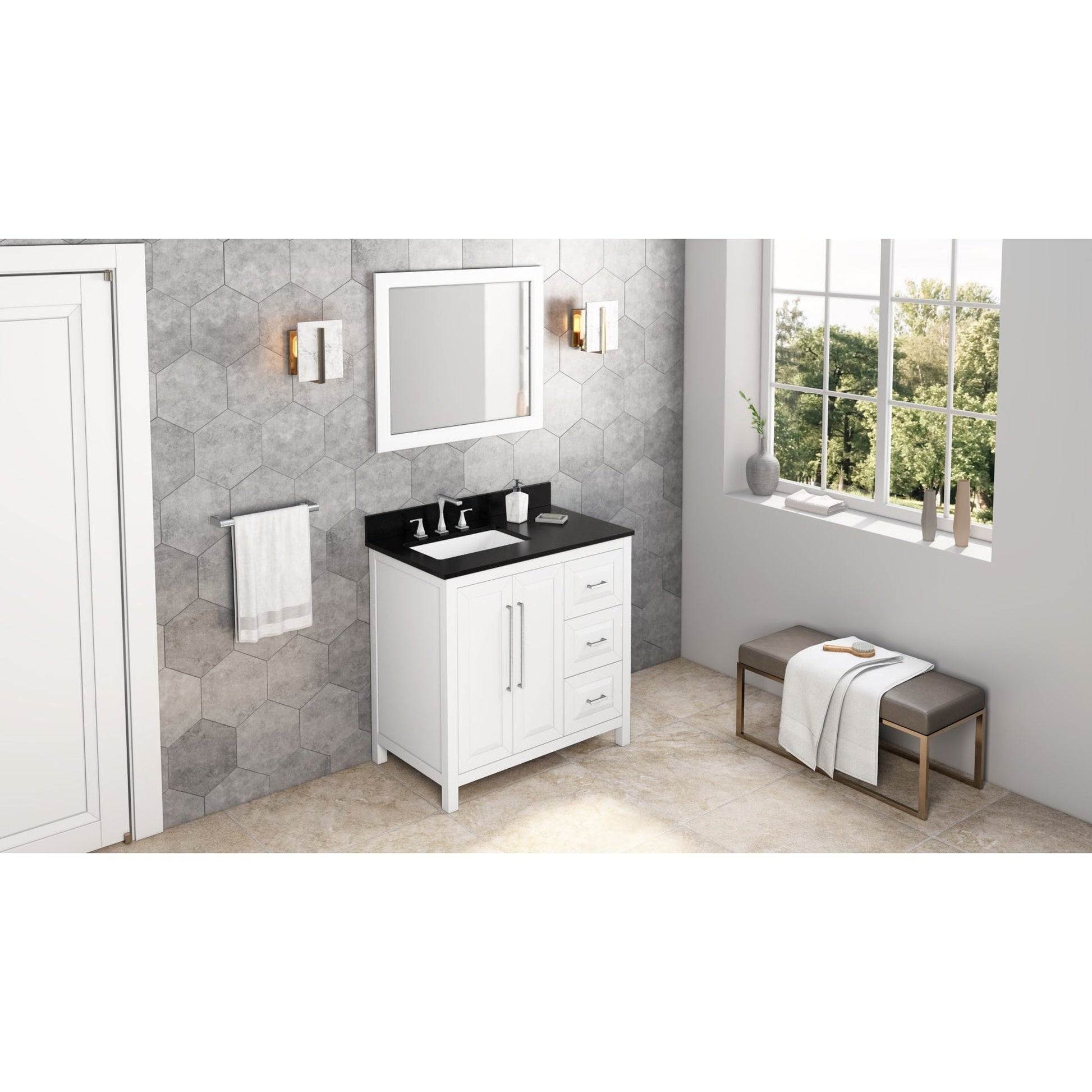 Hardware Resources Jeffrey Alexander Cade 36" White Freestanding Vanity With Left Offset, Black Granite Vanity Top, Backsplash and Rectangle Undermount Sink