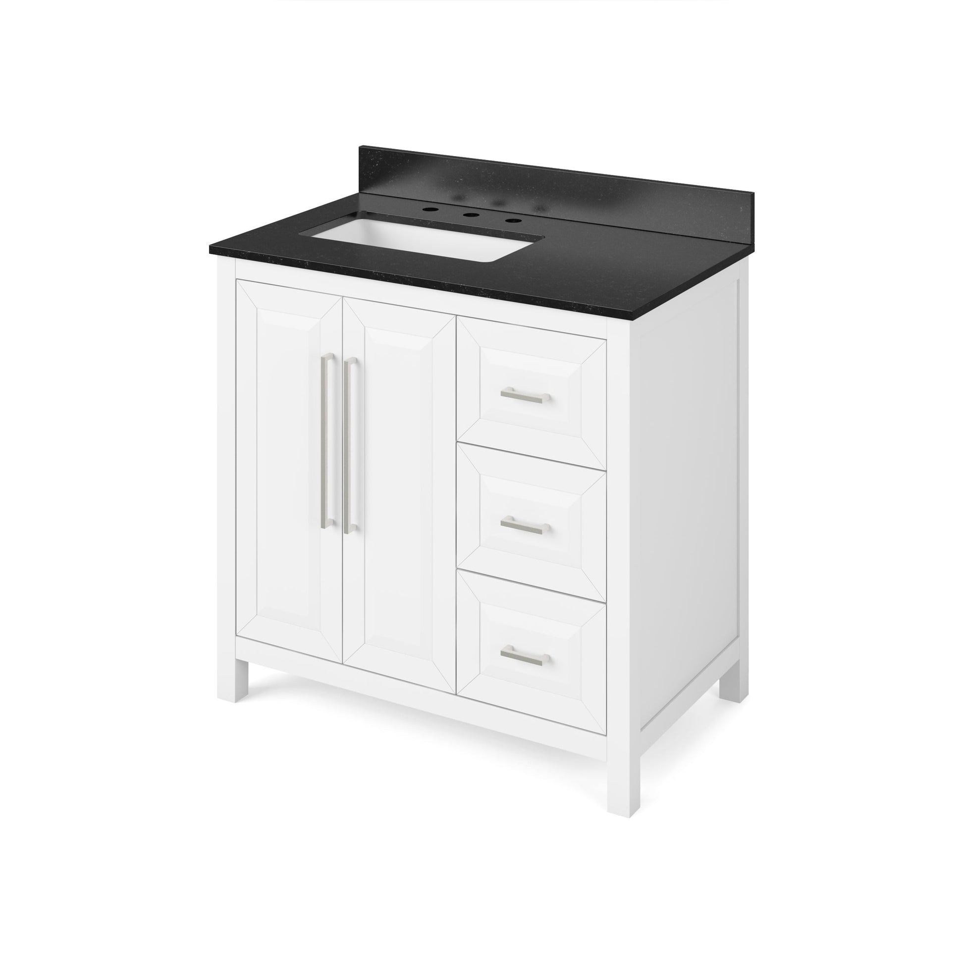 Hardware Resources Jeffrey Alexander Cade 36" White Freestanding Vanity With Left Offset, Black Granite Vanity Top, Backsplash and Rectangle Undermount Sink