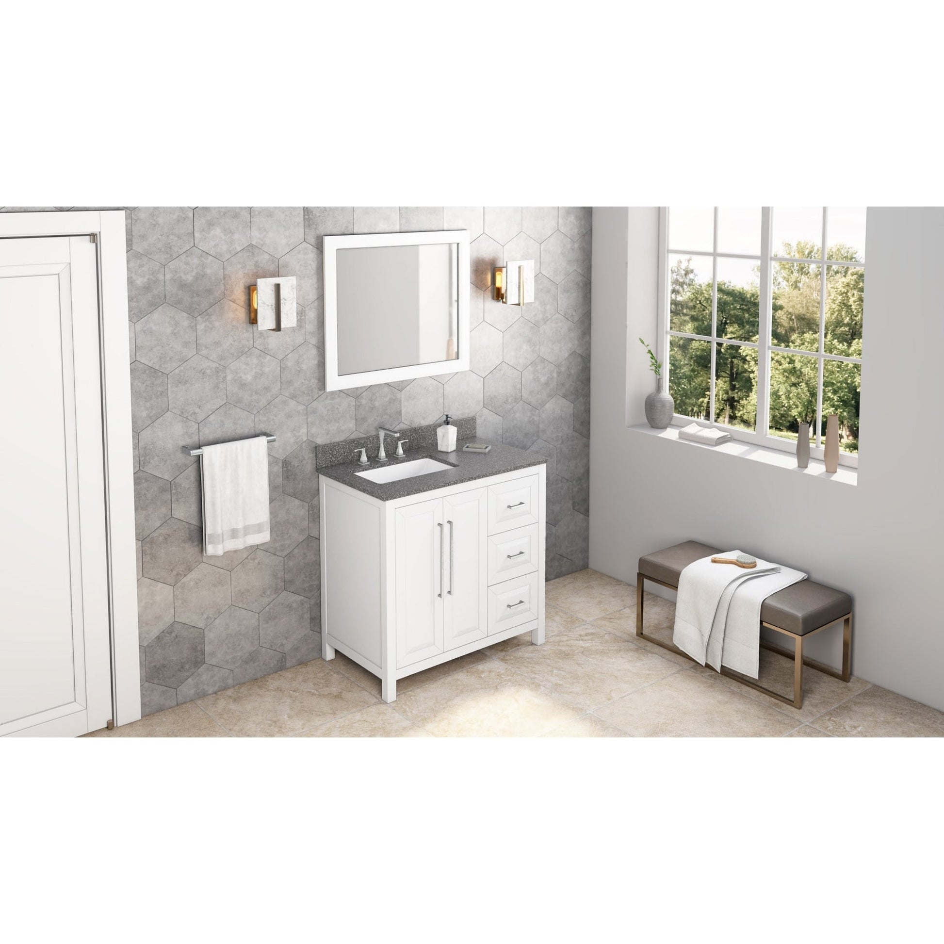 Hardware Resources Jeffrey Alexander Cade 36" White Freestanding Vanity With Left Offset, Boulder Vanity Cultured Marble Vanity Top, Backsplash and Rectangle Undermount Sink