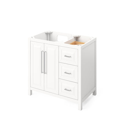 Hardware Resources Jeffrey Alexander Cade 36" White Freestanding Vanity With Left Offset, Boulder Vanity Cultured Marble Vanity Top, Backsplash and Rectangle Undermount Sink