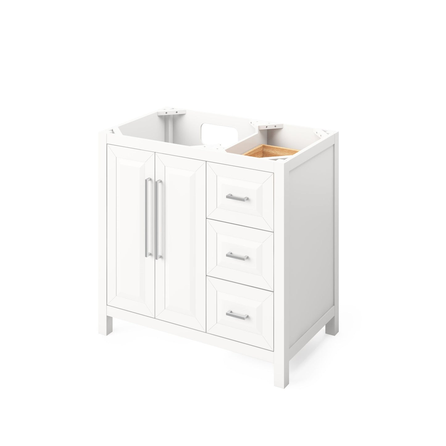 Hardware Resources Jeffrey Alexander Cade 36" White Freestanding Vanity With Left Offset, Steel Gray Cultured Marble Vanity Top, Backsplash and Rectangle Undermount Sink