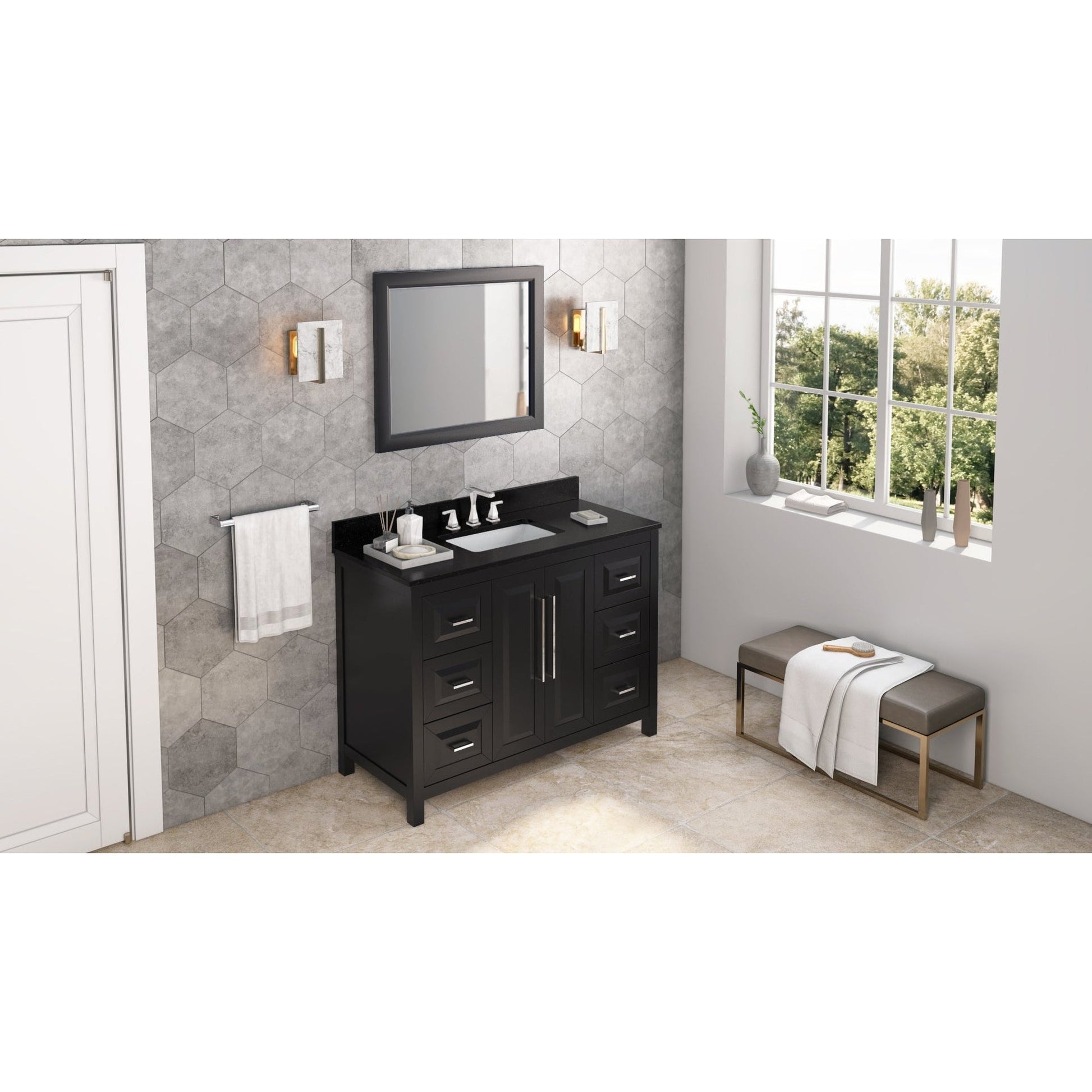 Hardware Resources Jeffrey Alexander Cade 48" Black Freestanding Vanity With Black Granite Vanity Top, Backsplash and Rectangle Undermount Sink