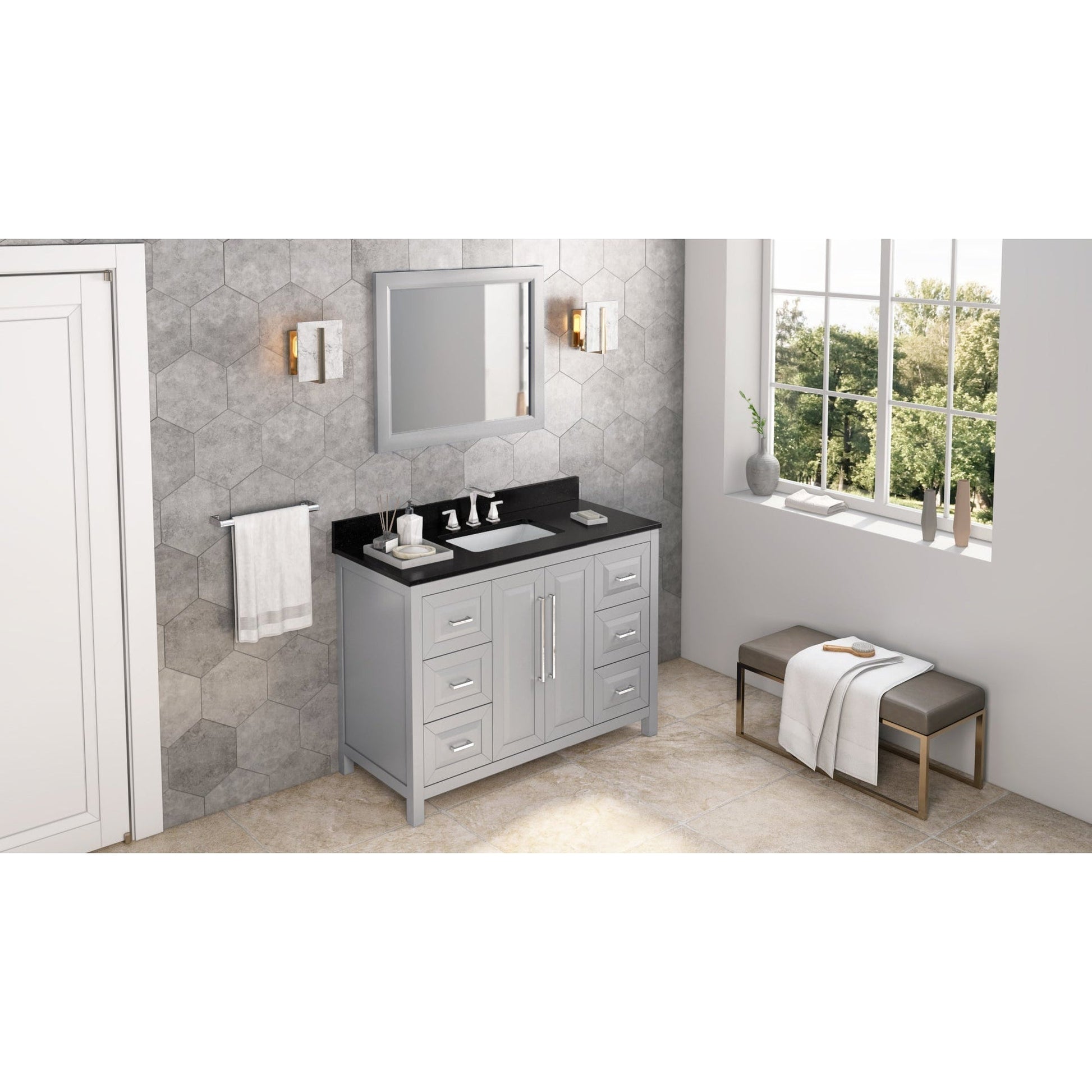 Hardware Resources Jeffrey Alexander Cade 48" Gray Freestanding Vanity With Black Granite Vanity Top, Backsplash and Rectangle Undermount Sink