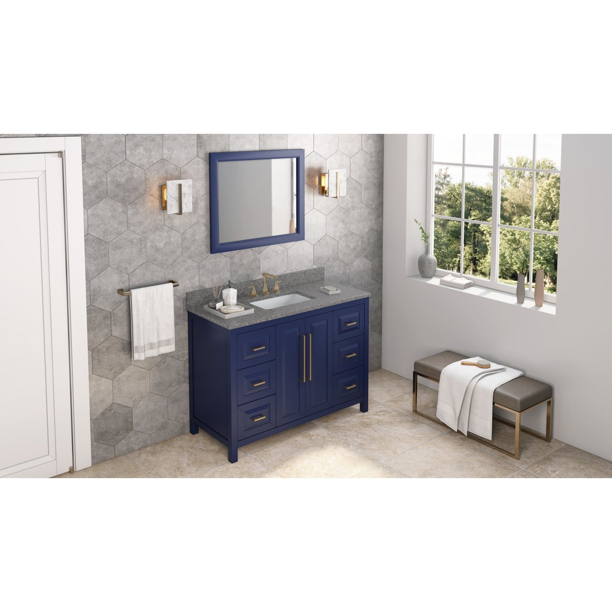 Hardware Resources Jeffrey Alexander Cade 48" Hale Blue Freestanding Vanity With Boulder Cultured Marble Vanity Top, Backsplash and Rectangle Undermount Sink