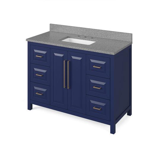 Hardware Resources Jeffrey Alexander Cade 48" Hale Blue Freestanding Vanity With Steel Gray Cultured Marble Vanity Top, Backsplash and Rectangle Undermount Sink