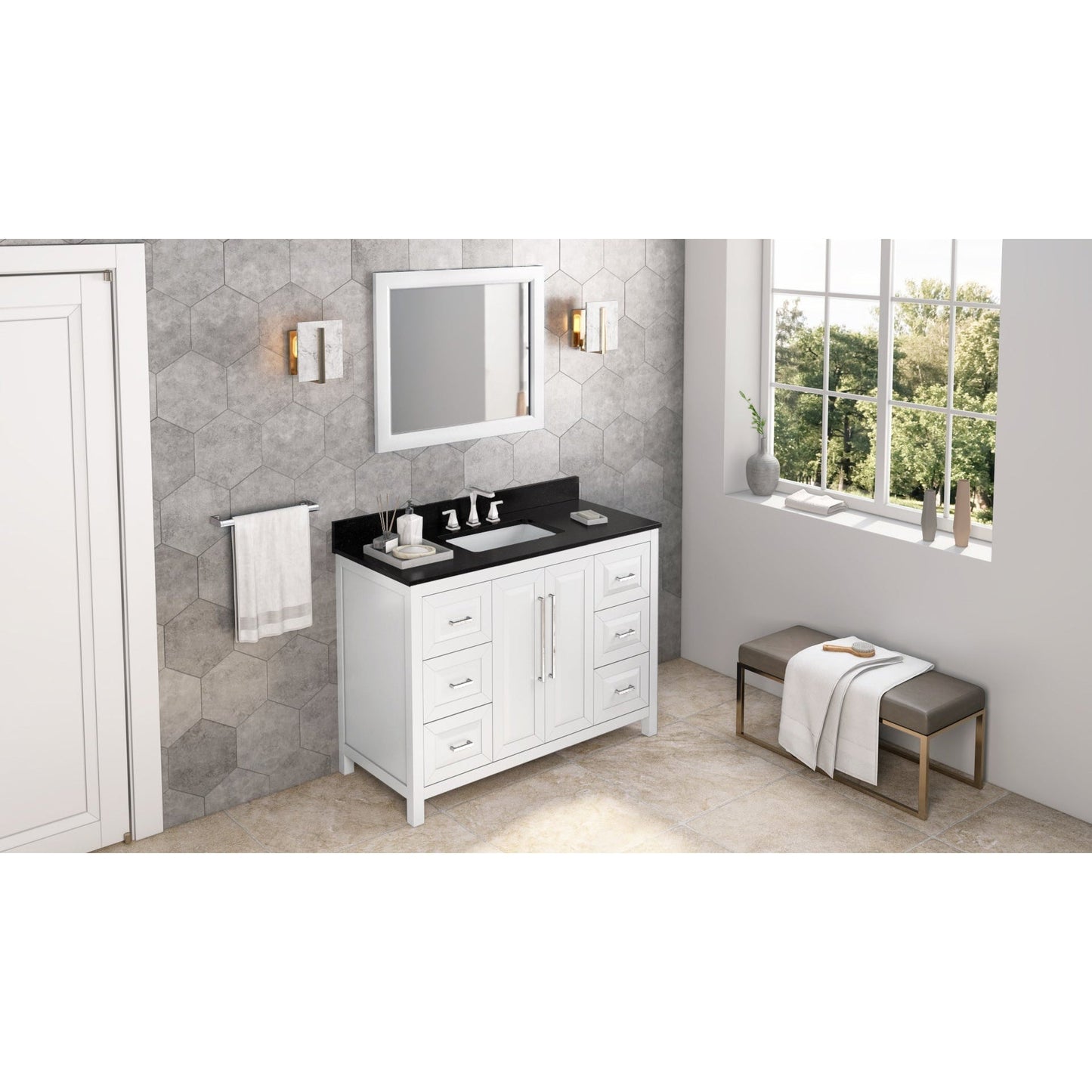 Hardware Resources Jeffrey Alexander Cade 48" White Freestanding Vanity With Black Granite Vanity Top, Backsplash and Rectangle Undermount Sink