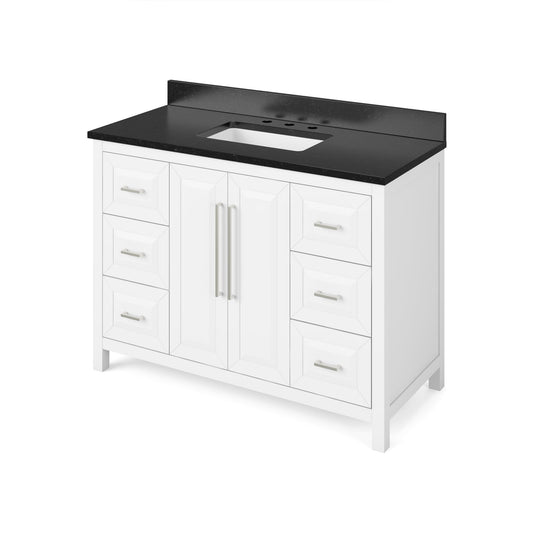 Hardware Resources Jeffrey Alexander Cade 48" White Freestanding Vanity With Black Granite Vanity Top, Backsplash and Rectangle Undermount Sink