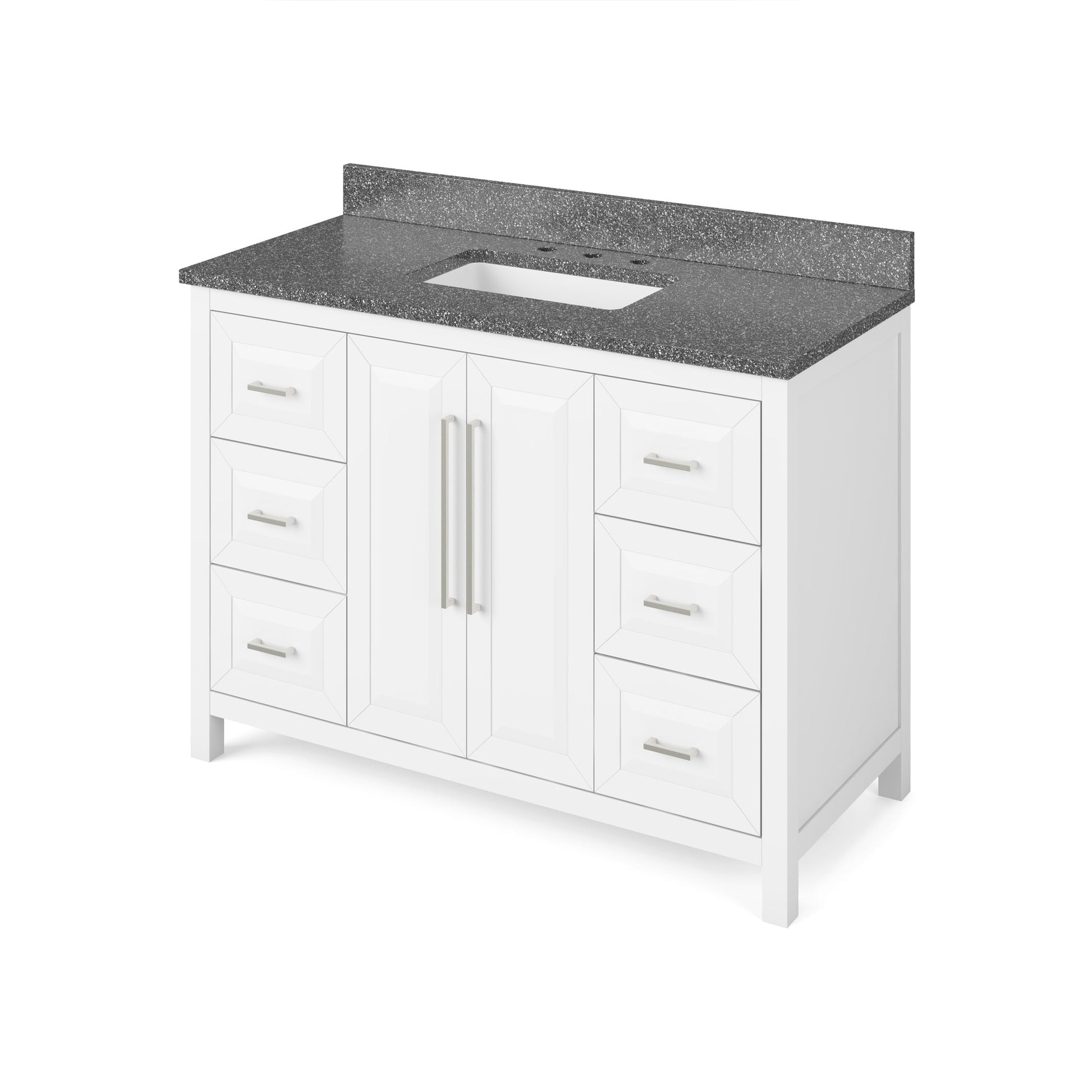 Hardware Resources Jeffrey Alexander Cade 48" White Freestanding Vanity With Boulder Cultured Marble Vanity Top, Backsplash and Rectangle Undermount Sink