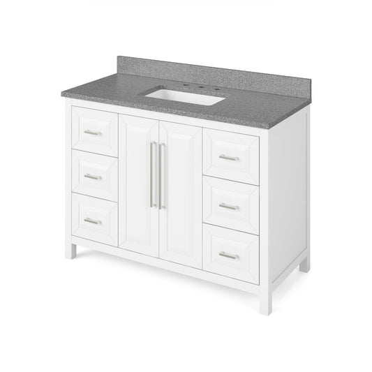 Hardware Resources Jeffrey Alexander Cade 48" White Freestanding Vanity With Steel Gray Cultured Marble Vanity Top, Backsplash and Rectangle Undermount Sink