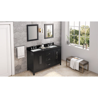 Hardware Resources Jeffrey Alexander Cade 60" Black Freestanding Vanity With Double Bowl, Black Granite Vanity Top, Backsplash and Rectangle Undermount Sink