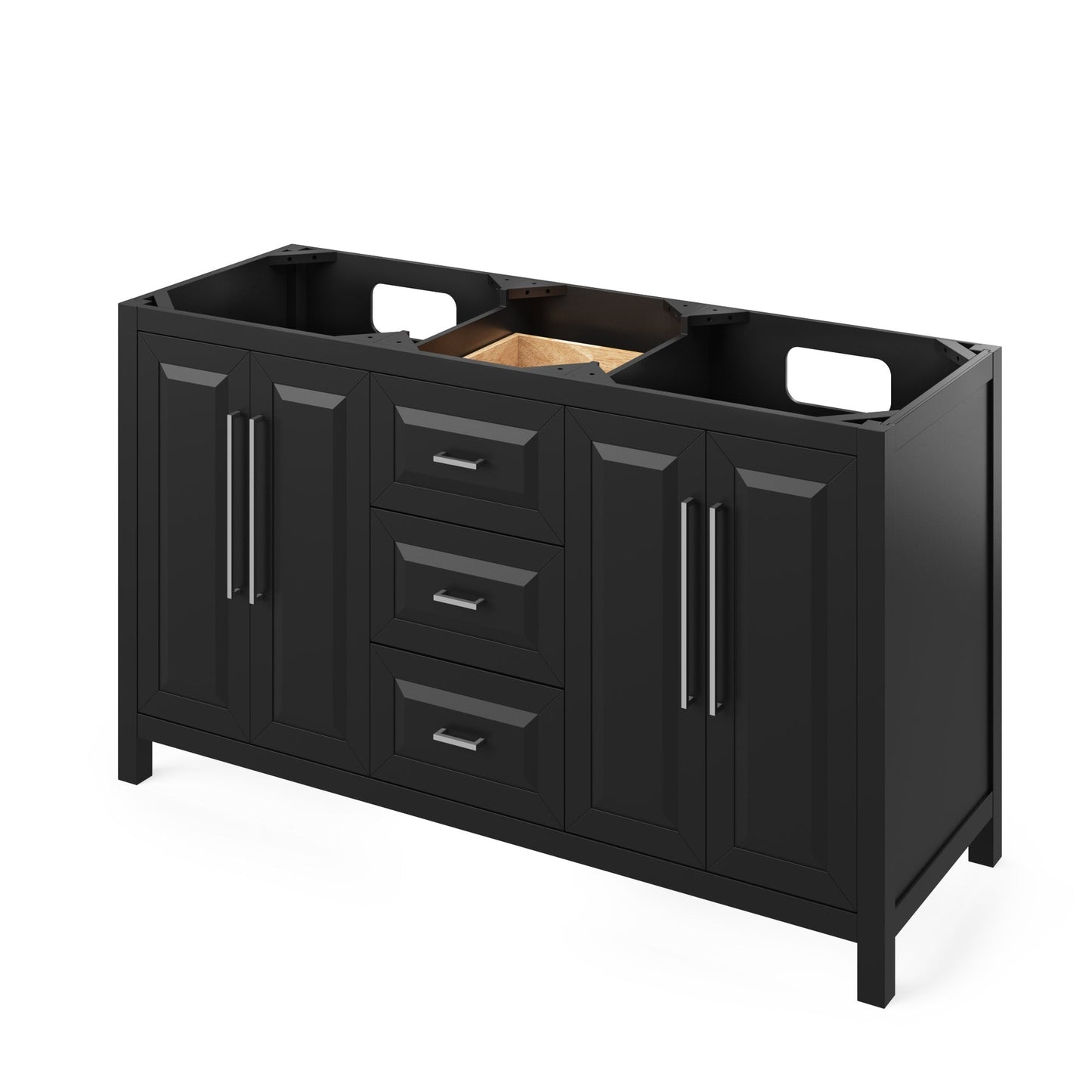 Hardware Resources Jeffrey Alexander Cade 60" Black Freestanding Vanity With Double Bowl, Black Granite Vanity Top, Backsplash and Rectangle Undermount Sink