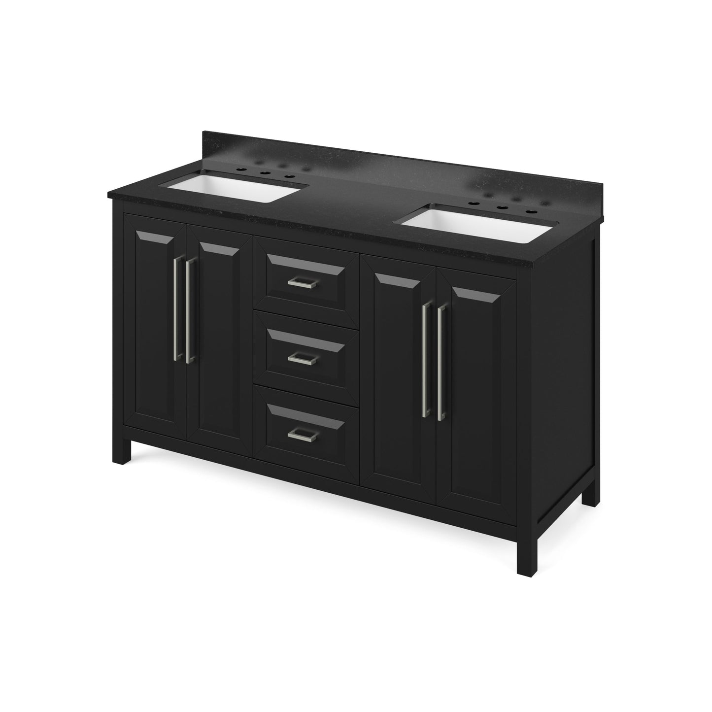 Hardware Resources Jeffrey Alexander Cade 60" Black Freestanding Vanity With Double Bowl, Black Granite Vanity Top, Backsplash and Rectangle Undermount Sink