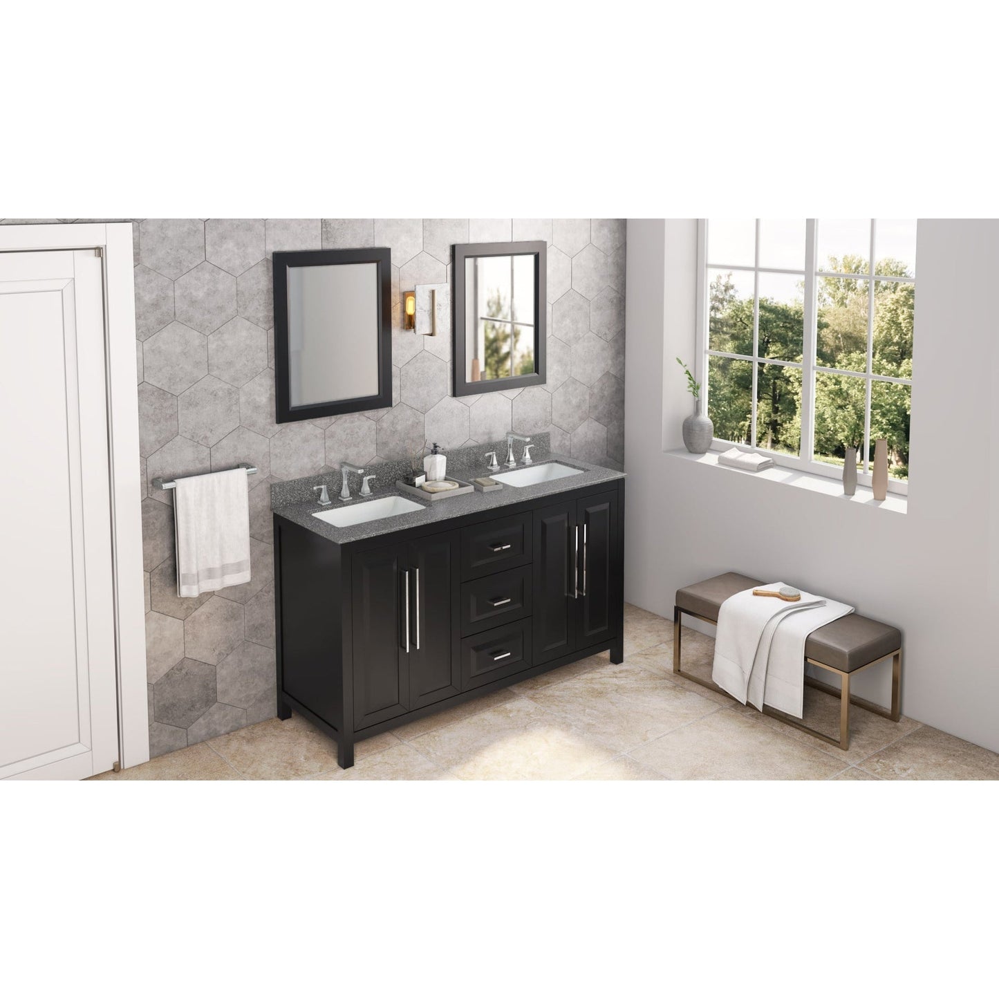 Hardware Resources Jeffrey Alexander Cade 60" Black Freestanding Vanity With Double Bowl, Boulder Cultured Marble Vanity Top, Backsplash and Rectangle Undermount Sink