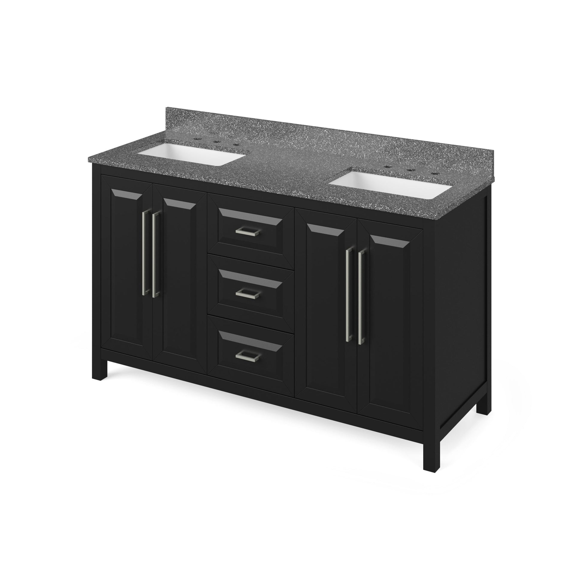 Hardware Resources Jeffrey Alexander Cade 60" Black Freestanding Vanity With Double Bowl, Boulder Cultured Marble Vanity Top, Backsplash and Rectangle Undermount Sink