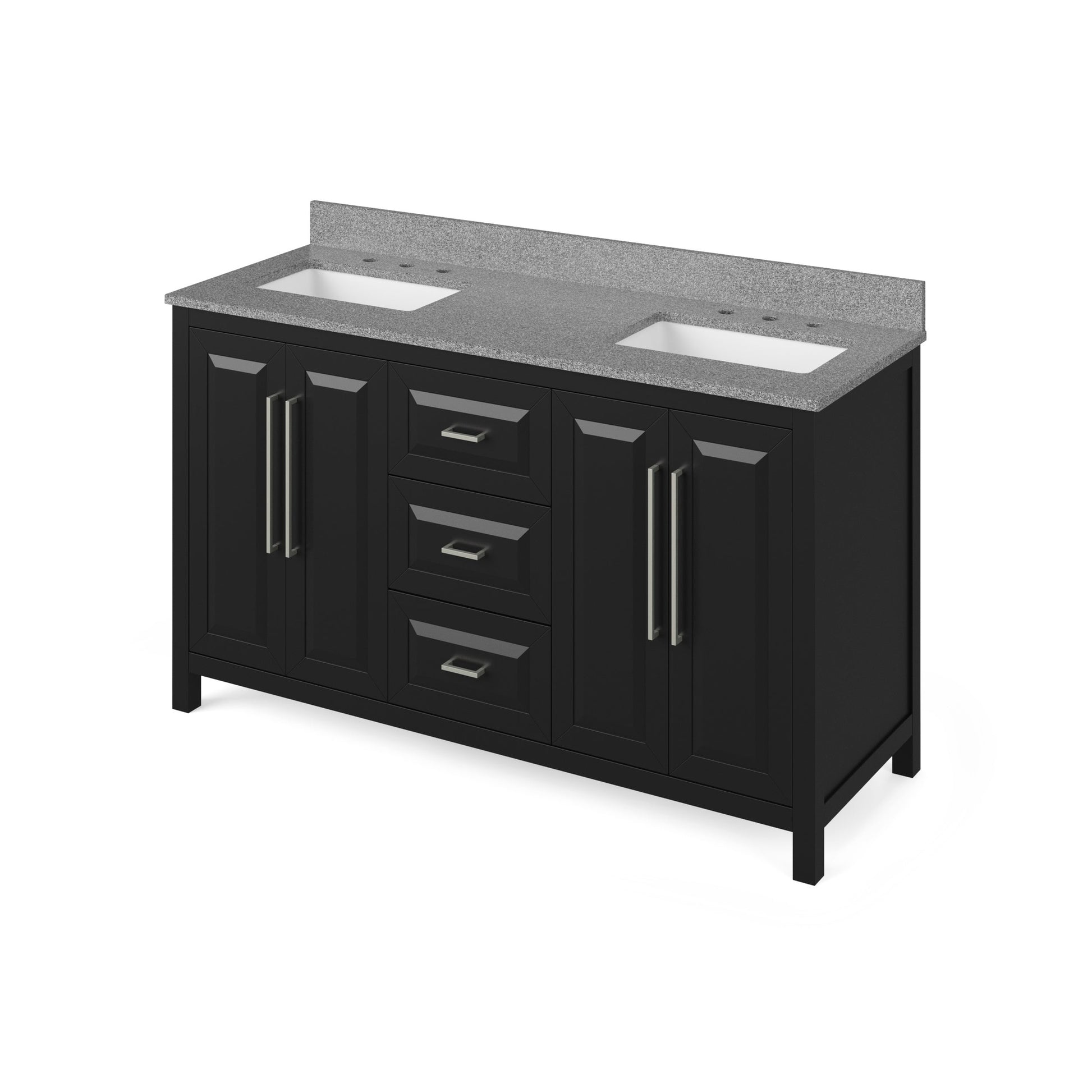 Hardware Resources Jeffrey Alexander Cade 60" Black Freestanding Vanity With Double Bowl, Steel Gray Cultured Marble Vanity Top, Backsplash and Rectangle Undermount Sink