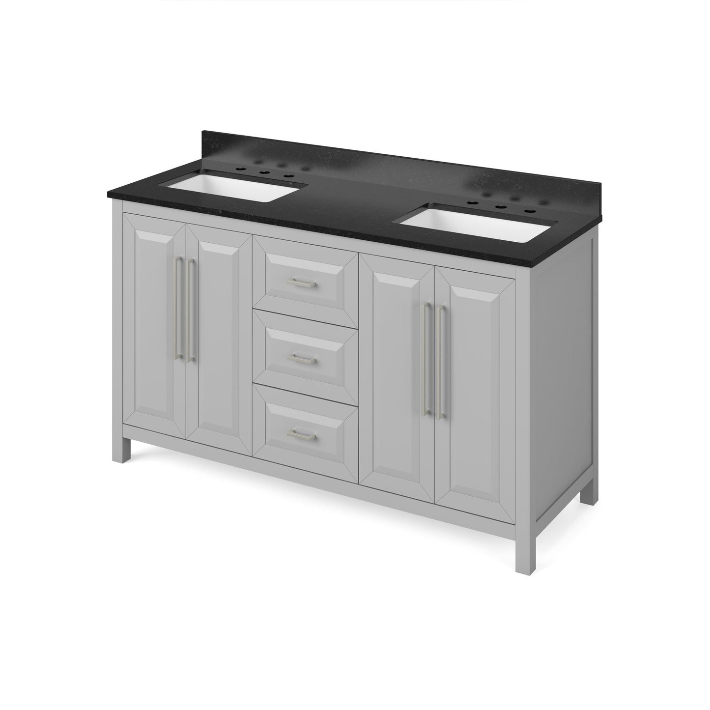 Hardware Resources Jeffrey Alexander Cade 60" Gray Freestanding Vanity With Double Bowl, Black Granite Vanity Top, Backsplash and Rectangle Undermount Sink