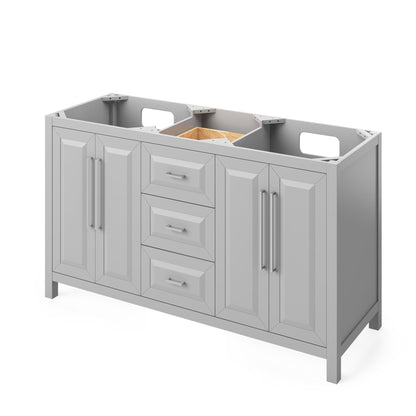 Hardware Resources Jeffrey Alexander Cade 60" Gray Freestanding Vanity With Double Bowl, Steel Gray Cultured Marble Vanity Top, Backsplash and Rectangle Undermount Sink