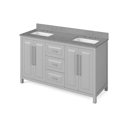 Hardware Resources Jeffrey Alexander Cade 60" Gray Freestanding Vanity With Double Bowl, Steel Gray Cultured Marble Vanity Top, Backsplash and Rectangle Undermount Sink