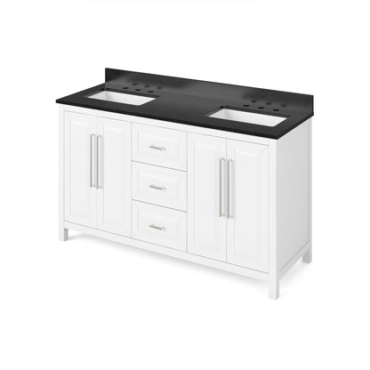 Hardware Resources Jeffrey Alexander Cade 60" White Freestanding Vanity With Double Bowl, Black Granite Vanity Top, Backsplash and Rectangle Undermount Sink