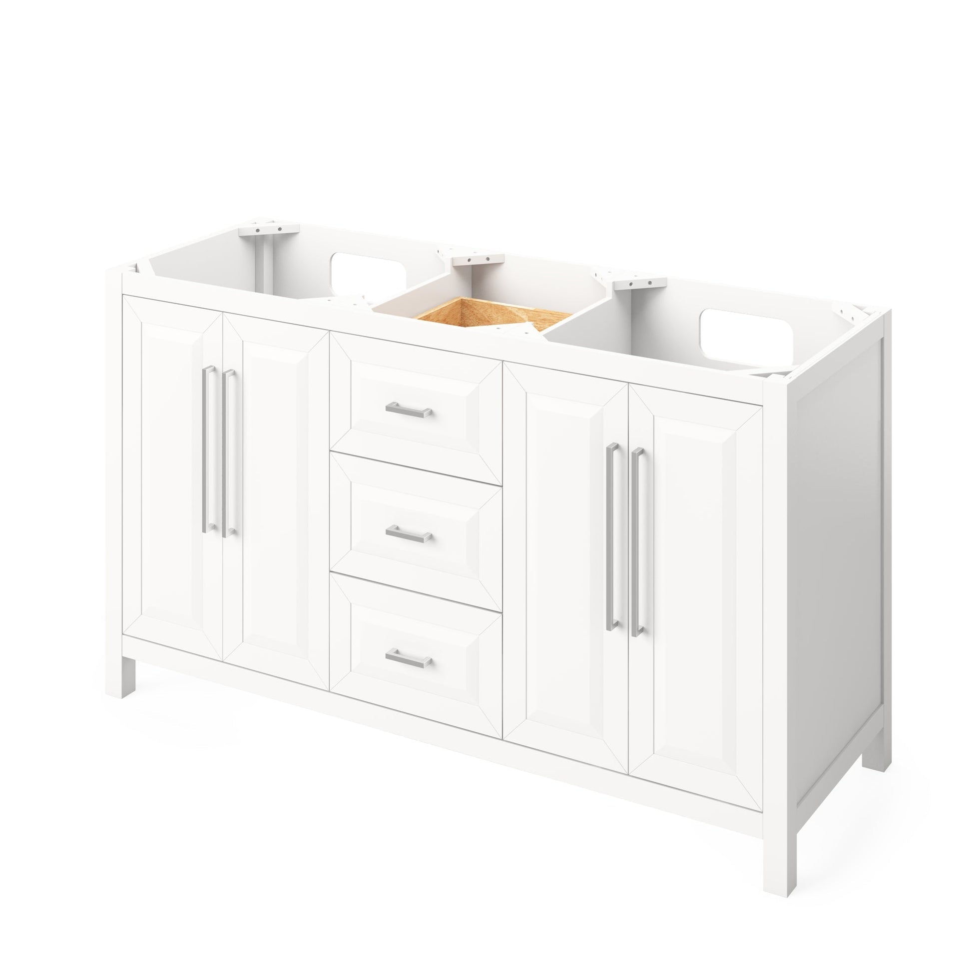 Hardware Resources Jeffrey Alexander Cade 60" White Freestanding Vanity With Double Bowl, Boulder Cultured Marble Vanity Top, Backsplash and Rectangle Undermount Sink