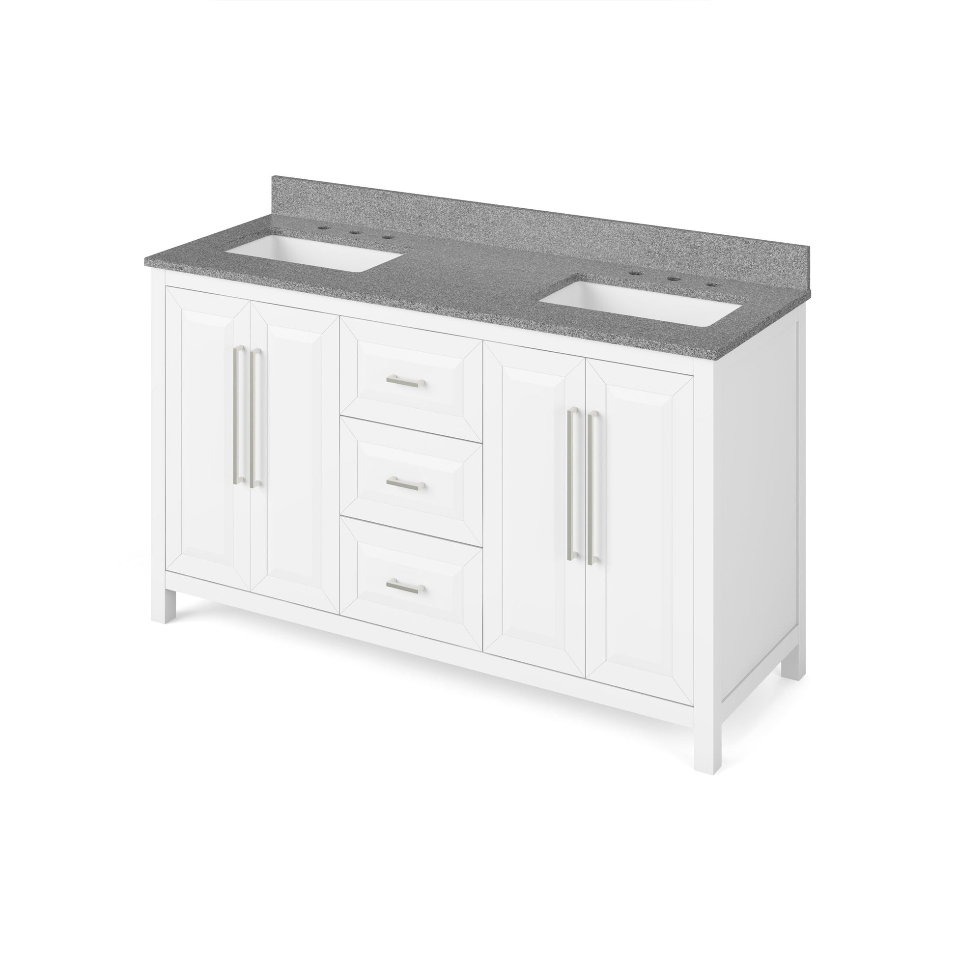 Hardware Resources Jeffrey Alexander Cade 60" White Freestanding Vanity With Double Bowl, Steel Gray Cultured Marble Vanity Top, Backsplash and Rectangle Undermount Sink