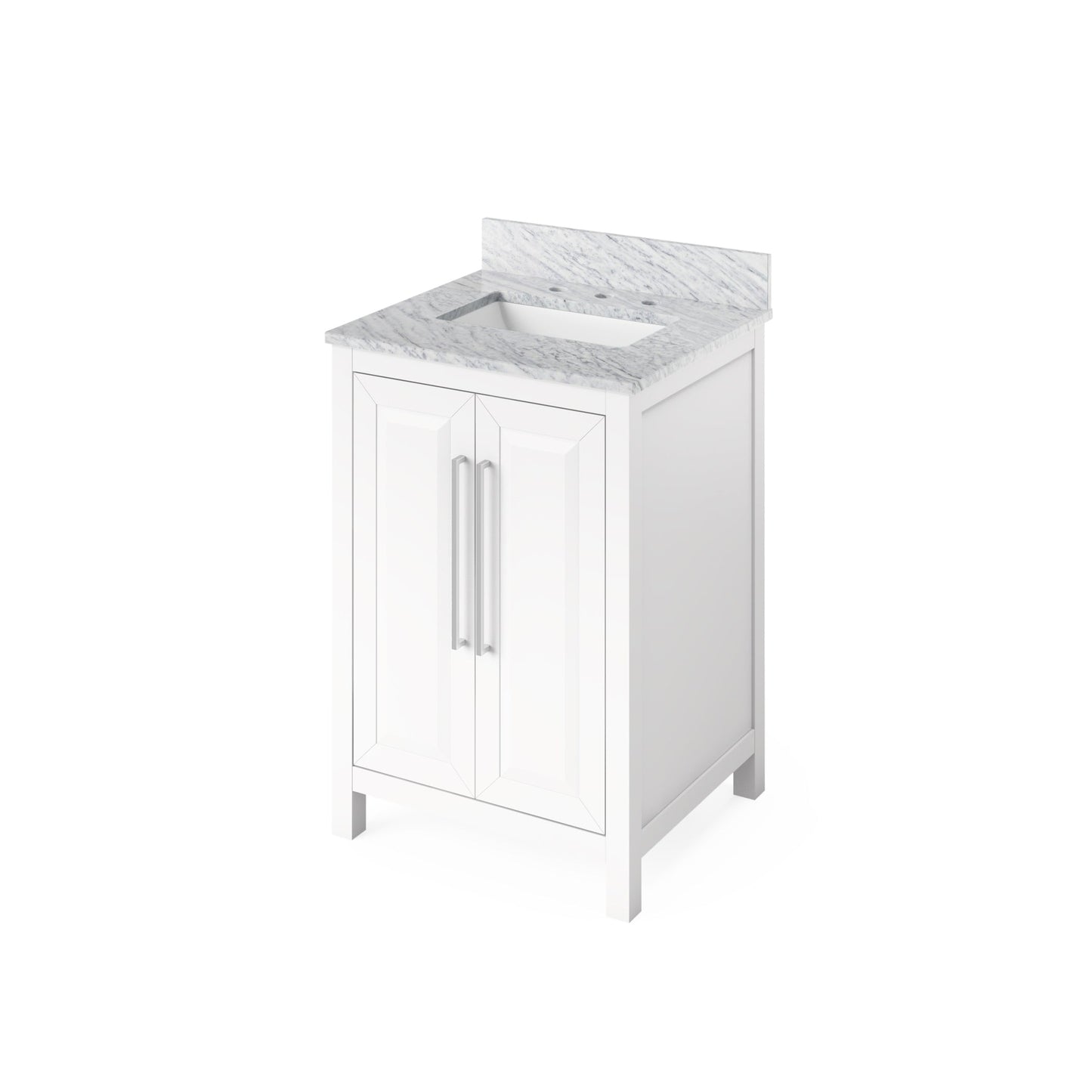 Hardware Resources Jeffrey Alexander Cade Vanities 24" White Freestanding Vanity With White Carrara Marble Vanity Top, Backsplash and Rectangle Undermount Sink