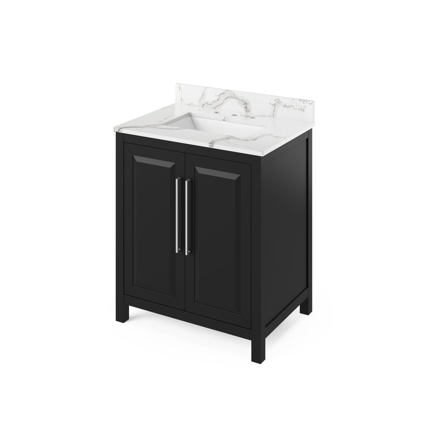 Hardware Resources Jeffrey Alexander Cade Vanities 30" Black Freestanding Vanity With Calacatta Vienna Quartz Vanity Top, Backsplash and Rectangle Undermount Sink