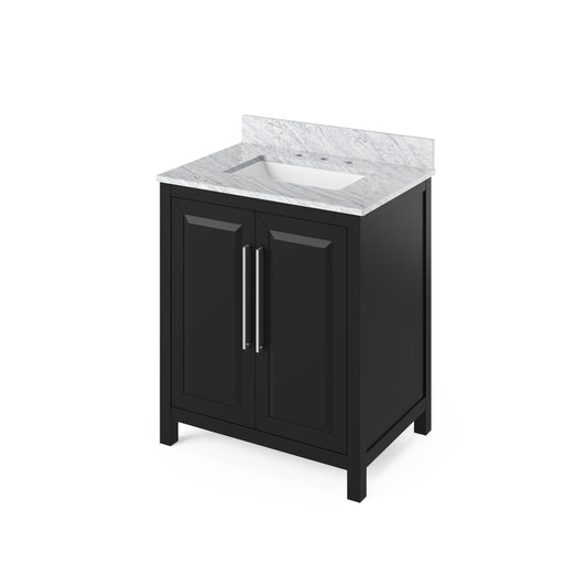 Hardware Resources Jeffrey Alexander Cade Vanities 30" Black Freestanding Vanity With White Carrara Marble Vanity Top, Backsplash and Rectangle Undermount Sink