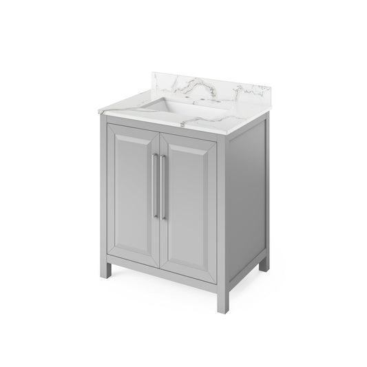 Hardware Resources Jeffrey Alexander Cade Vanities 30" Gray Freestanding Vanity With Calacatta Vienna Quartz Vanity Top, Backsplash and Rectangle Undermount Sink