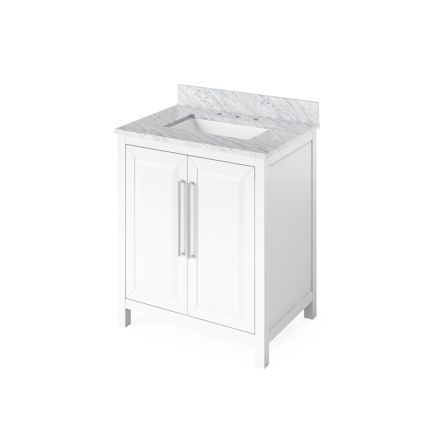 Hardware Resources Jeffrey Alexander Cade Vanities 30" White Freestanding Vanity With White Carrara Marble Vanity Top, Backsplash and Rectangle Undermount Sink