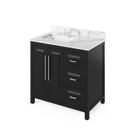 Hardware Resources Jeffrey Alexander Cade Vanities 36" Black Freestanding Vanity With Left Offset, Calacatta Vienna Quartz Vanity Top, Backsplash and Rectangle Undermount Sink