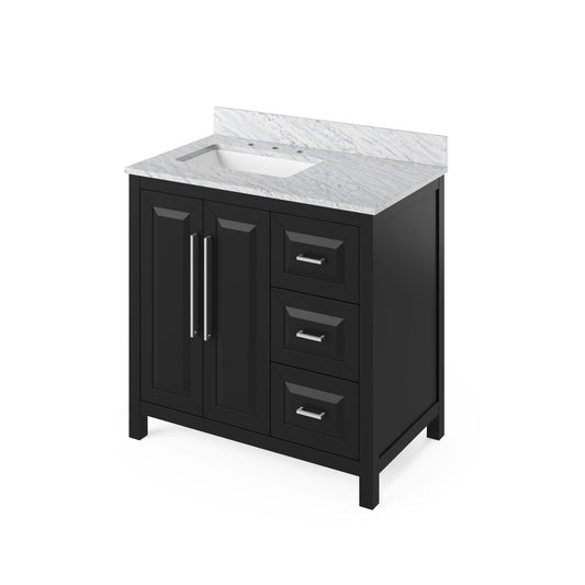 Hardware Resources Jeffrey Alexander Cade Vanities 36" Black Freestanding Vanity With Left Offset, White Carrara Marble Vanity Top, Backsplash and Rectangle Undermount Sink