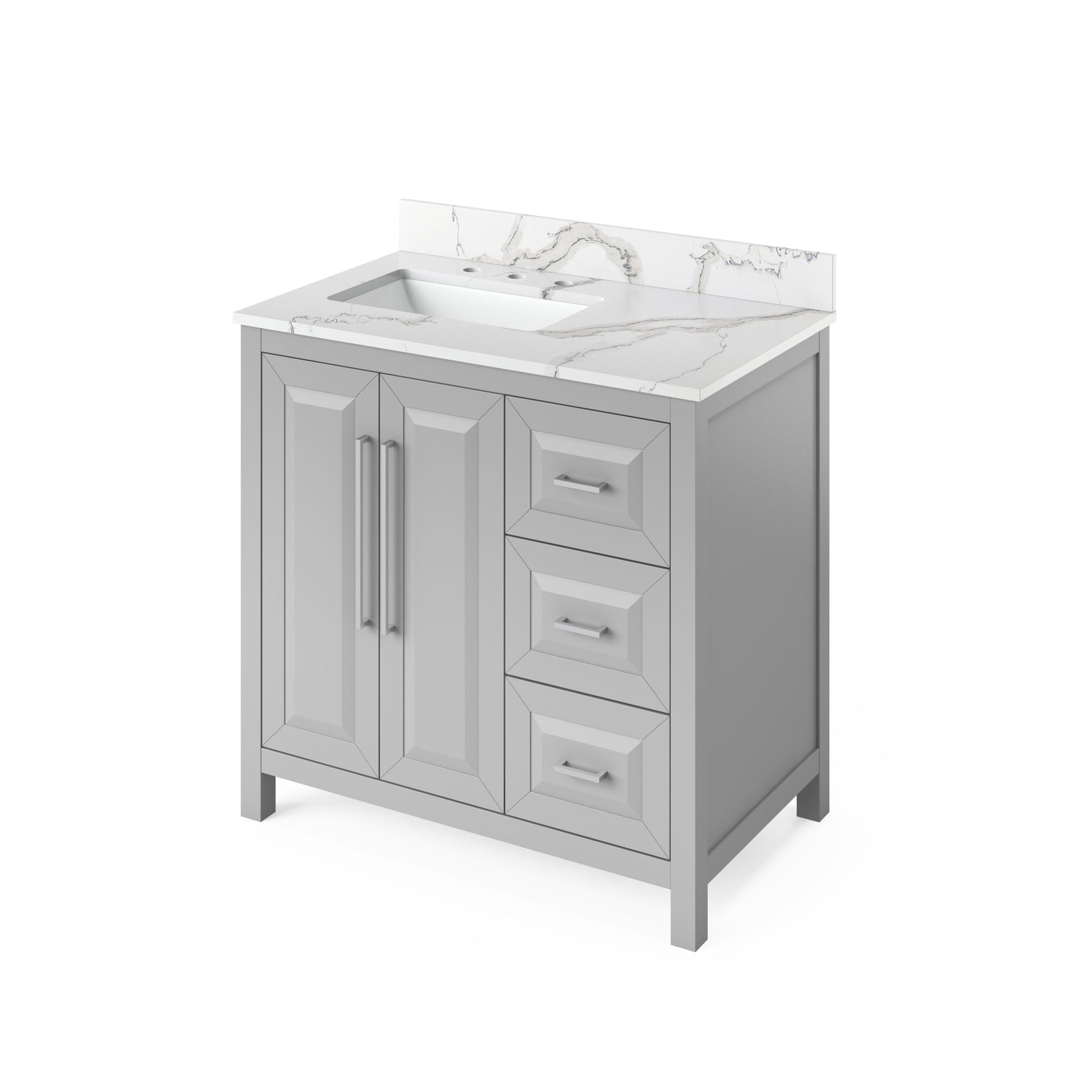 Hardware Resources Jeffrey Alexander Cade Vanities 36" Gray Freestanding Vanity With Left Offset, Calacatta Vienna Quartz Vanity Top, Backsplash and Rectangle Undermount Sink