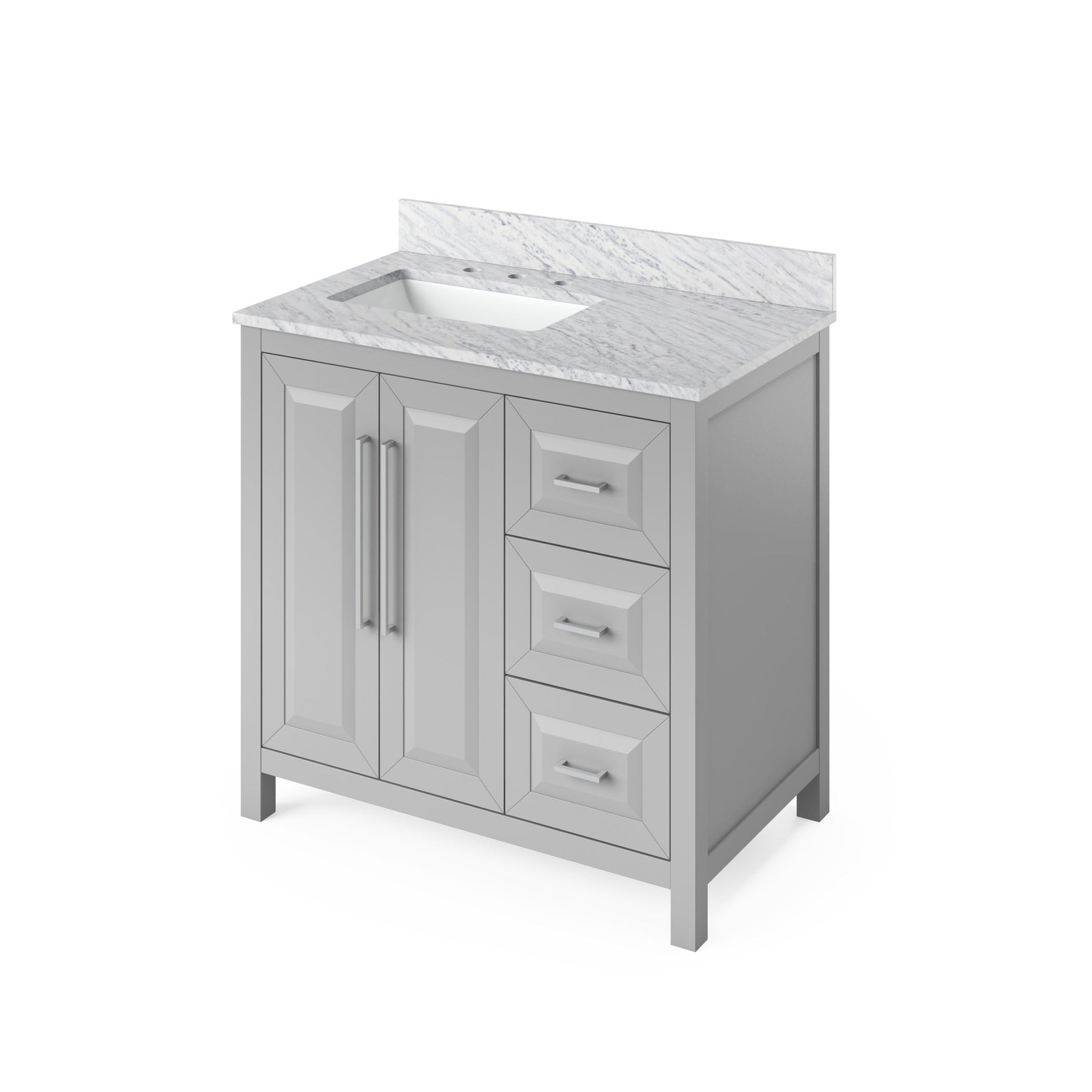 Hardware Resources Jeffrey Alexander Cade Vanities 36" Gray Freestanding Vanity With Left Offset, White Carrara Marble Vanity Top, Backsplash and Rectangle Undermount Sink