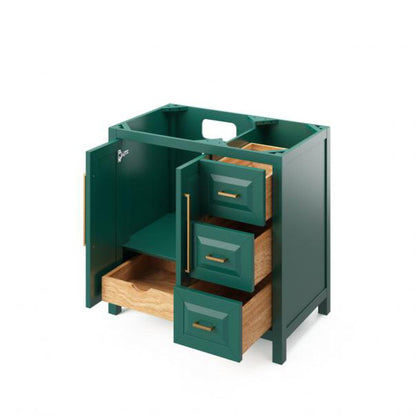 Hardware Resources Jeffrey Alexander Cade Vanities 36" Green Freestanding Vanity With Left Offset, Calacatta Vienna Quartz Vanity Top, Backsplash and Rectangle Undermount Sink