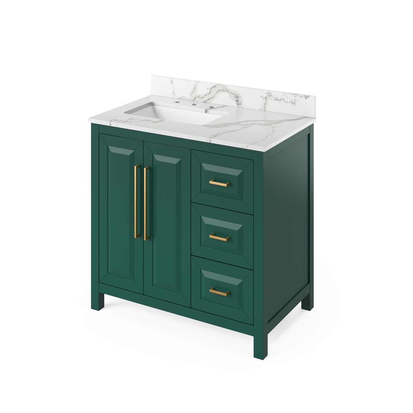 Hardware Resources Jeffrey Alexander Cade Vanities 36" Green Freestanding Vanity With Left Offset, Calacatta Vienna Quartz Vanity Top, Backsplash and Rectangle Undermount Sink